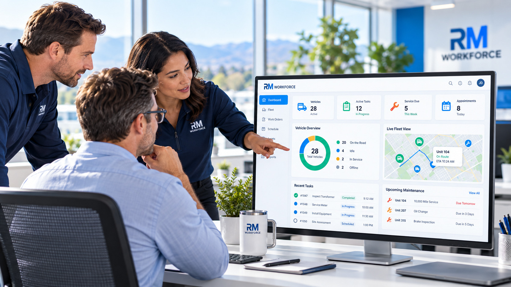 Büroarbeitsplatz mit RM Workforce Fuhrpark-Dashboard